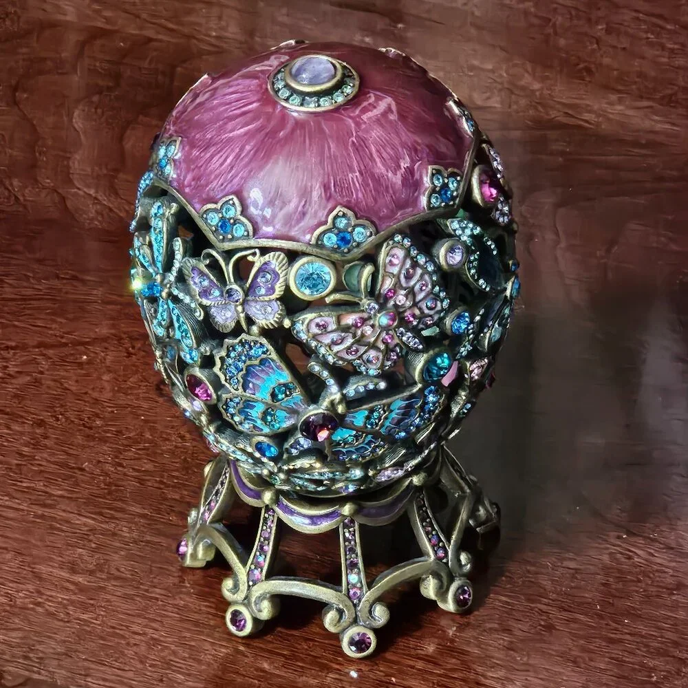 RARE JAY STRONGWATER AMARYLLIS BUTTERFLY ENAMEL CRYSTAL EGG OBJET FIGURINE STAND